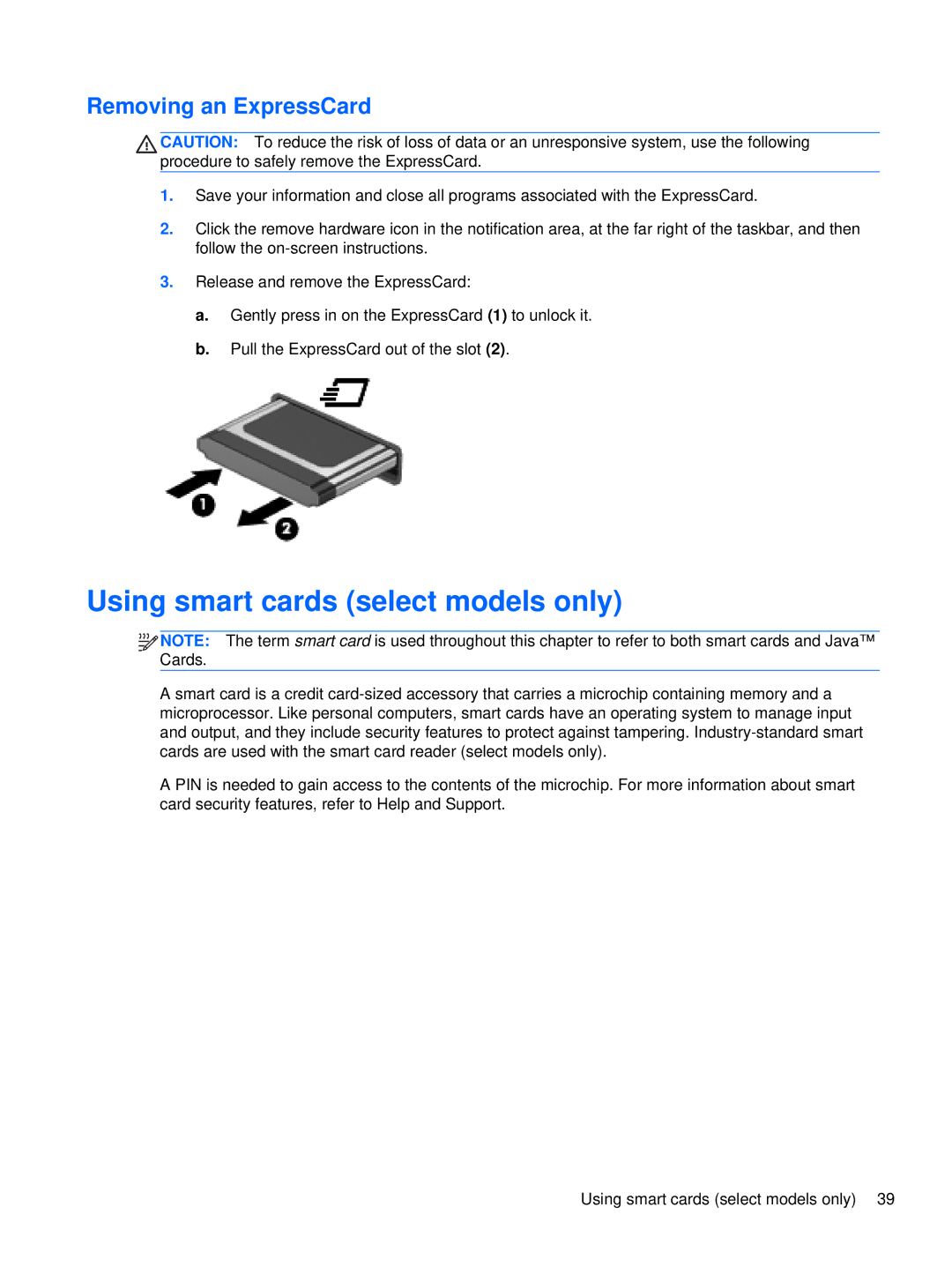 HP XU016UT, XU053UT manual Using smart cards select models only, Removing an ExpressCard 