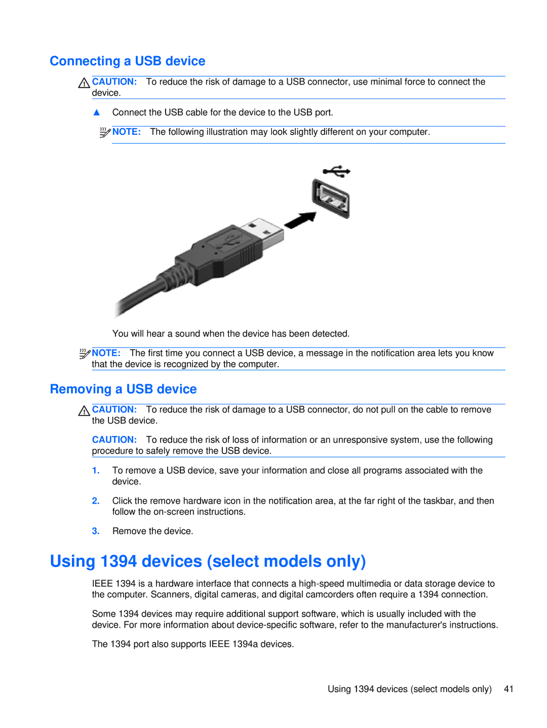 HP XU016UT, XU053UT manual Using 1394 devices select models only, Connecting a USB device, Removing a USB device 