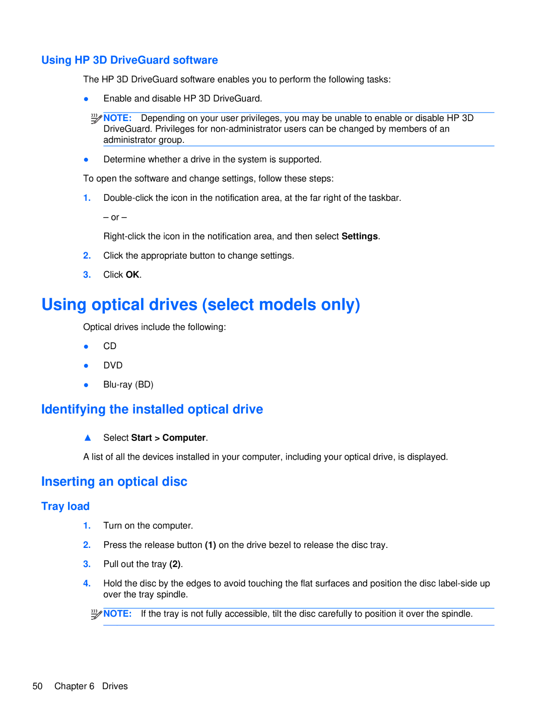 HP XU053UT Using optical drives select models only, Identifying the installed optical drive, Inserting an optical disc 