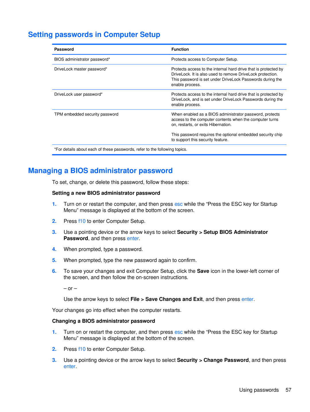 HP XU016UT, XU053UT manual Setting passwords in Computer Setup, Managing a Bios administrator password 