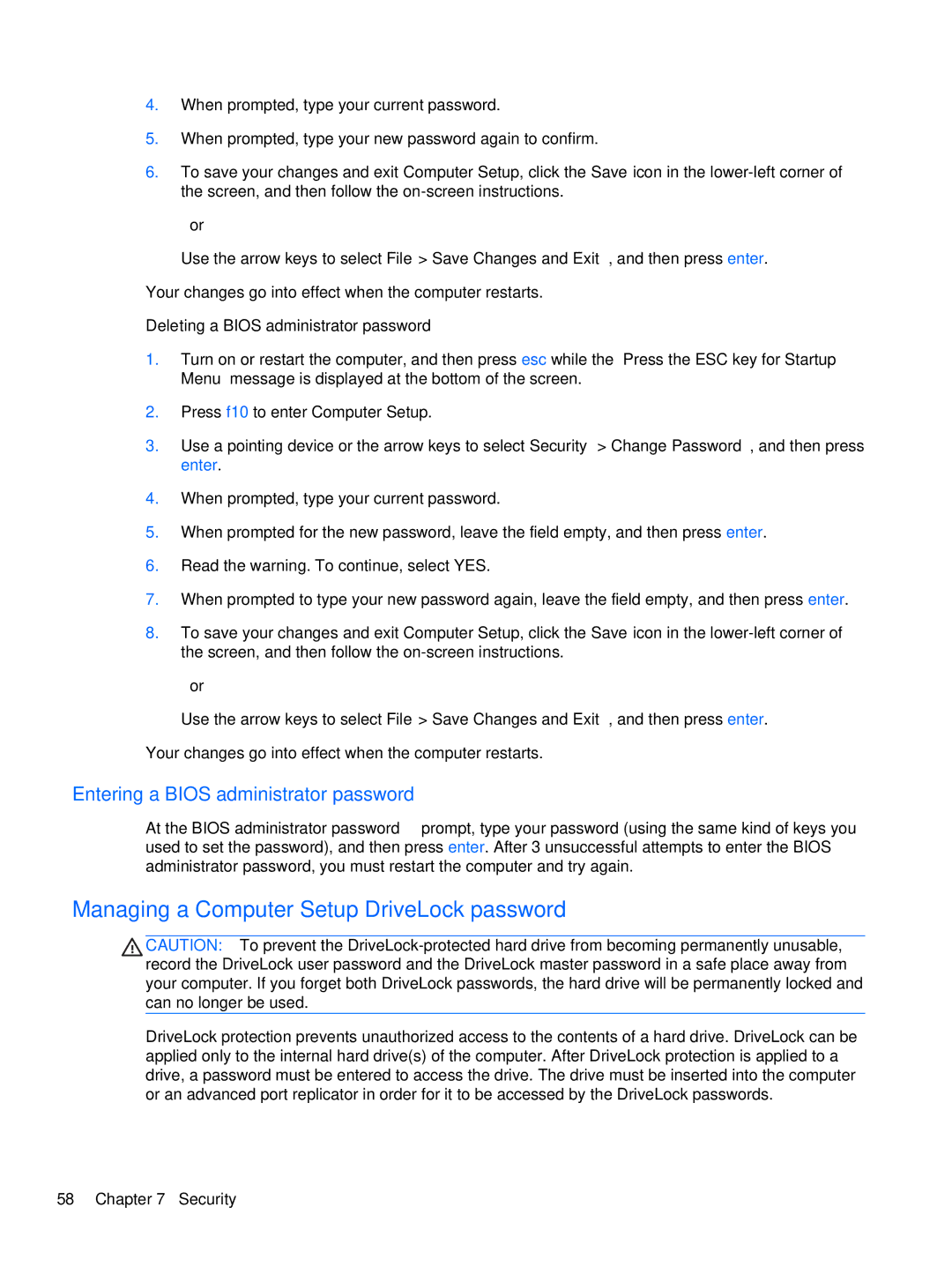 HP XU053UT, XU016UT manual Managing a Computer Setup DriveLock password, Entering a Bios administrator password 