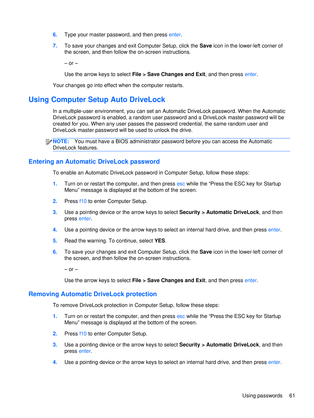 HP XU016UT, XU053UT manual Using Computer Setup Auto DriveLock, Entering an Automatic DriveLock password 