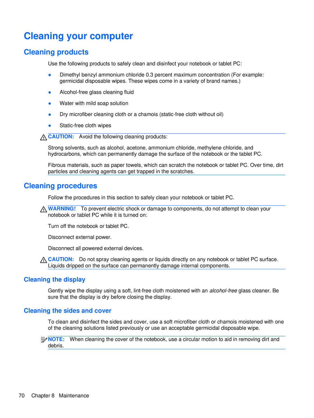HP XU053UT, XU016UT manual Cleaning your computer, Cleaning products, Cleaning procedures, Cleaning the display 