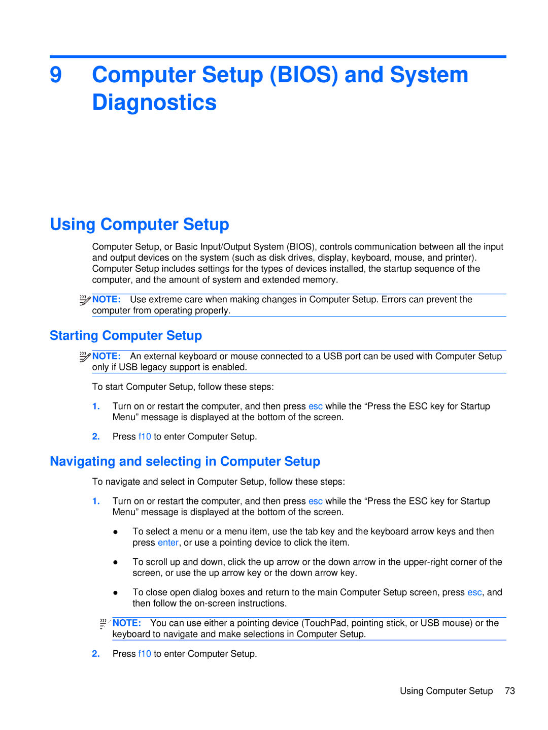 HP XU016UT, XU053UT manual Computer Setup Bios and System Diagnostics, Using Computer Setup, Starting Computer Setup 