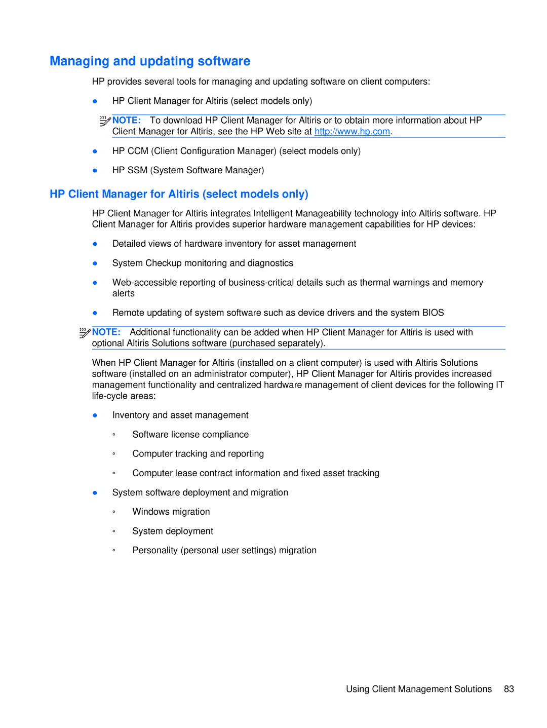 HP XU016UT, XU053UT manual Managing and updating software, HP Client Manager for Altiris select models only 