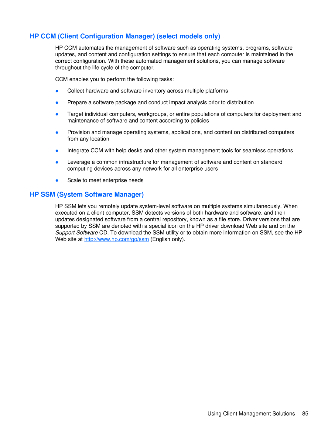 HP XU016UT, XU053UT manual HP CCM Client Configuration Manager select models only, HP SSM System Software Manager 