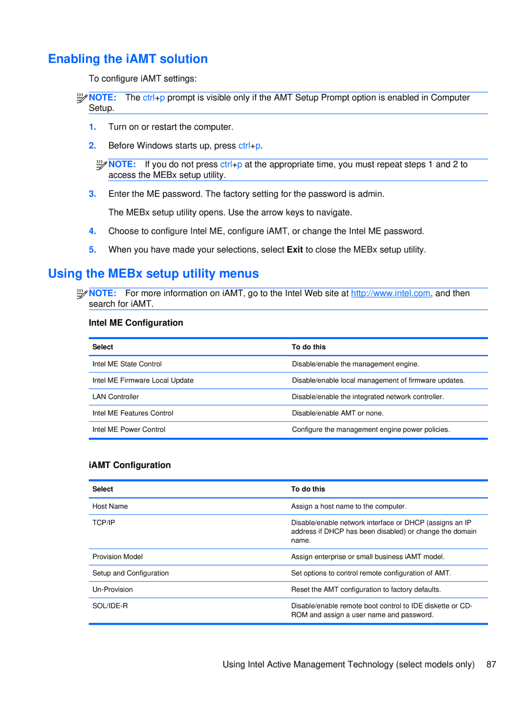 HP XU016UT Enabling the iAMT solution, Using the MEBx setup utility menus, Intel ME Configuration, IAMT Configuration 