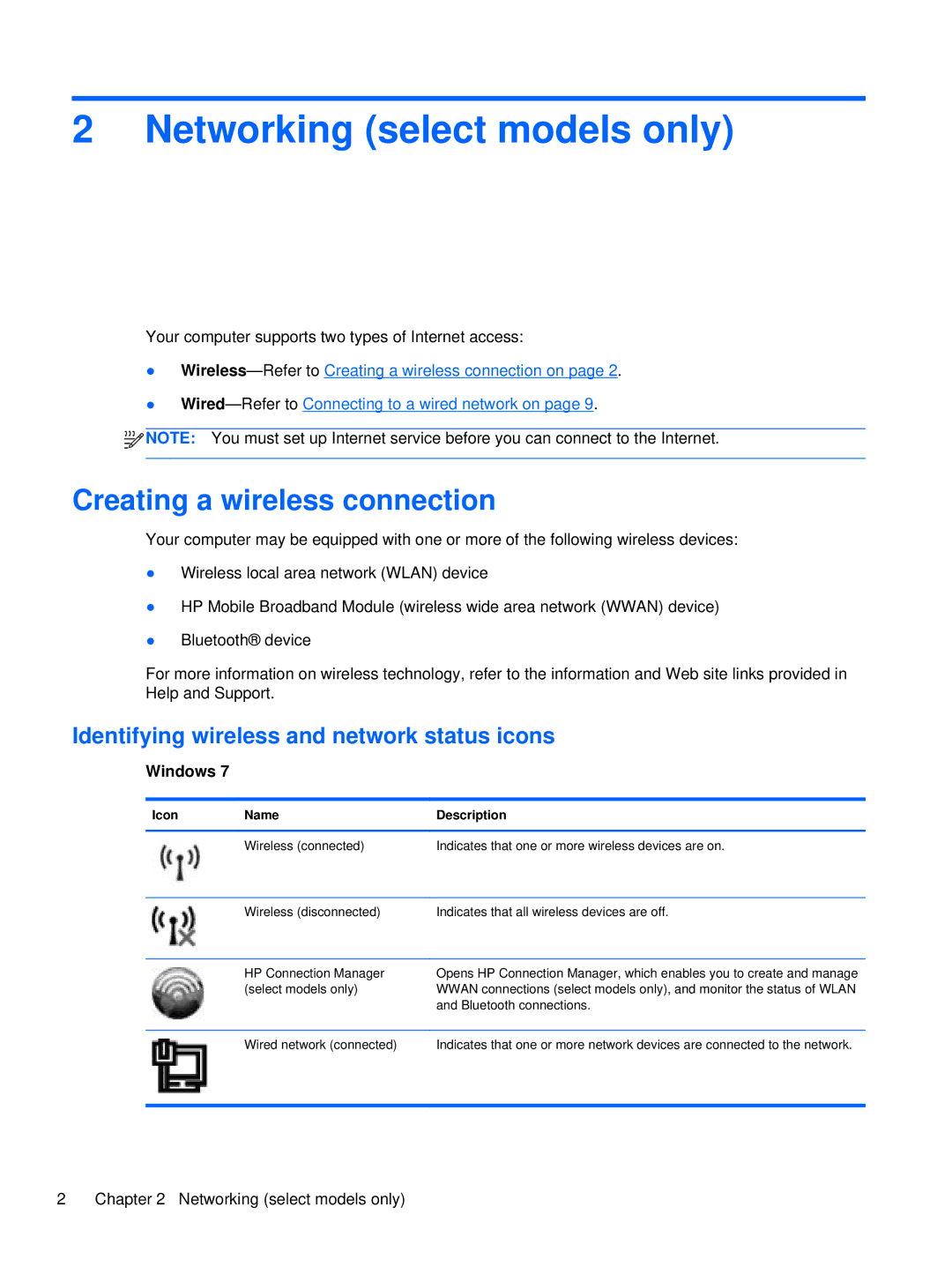 HP XU103UT Networking select models only, Creating a wireless connection, Identifying wireless and network status icons 