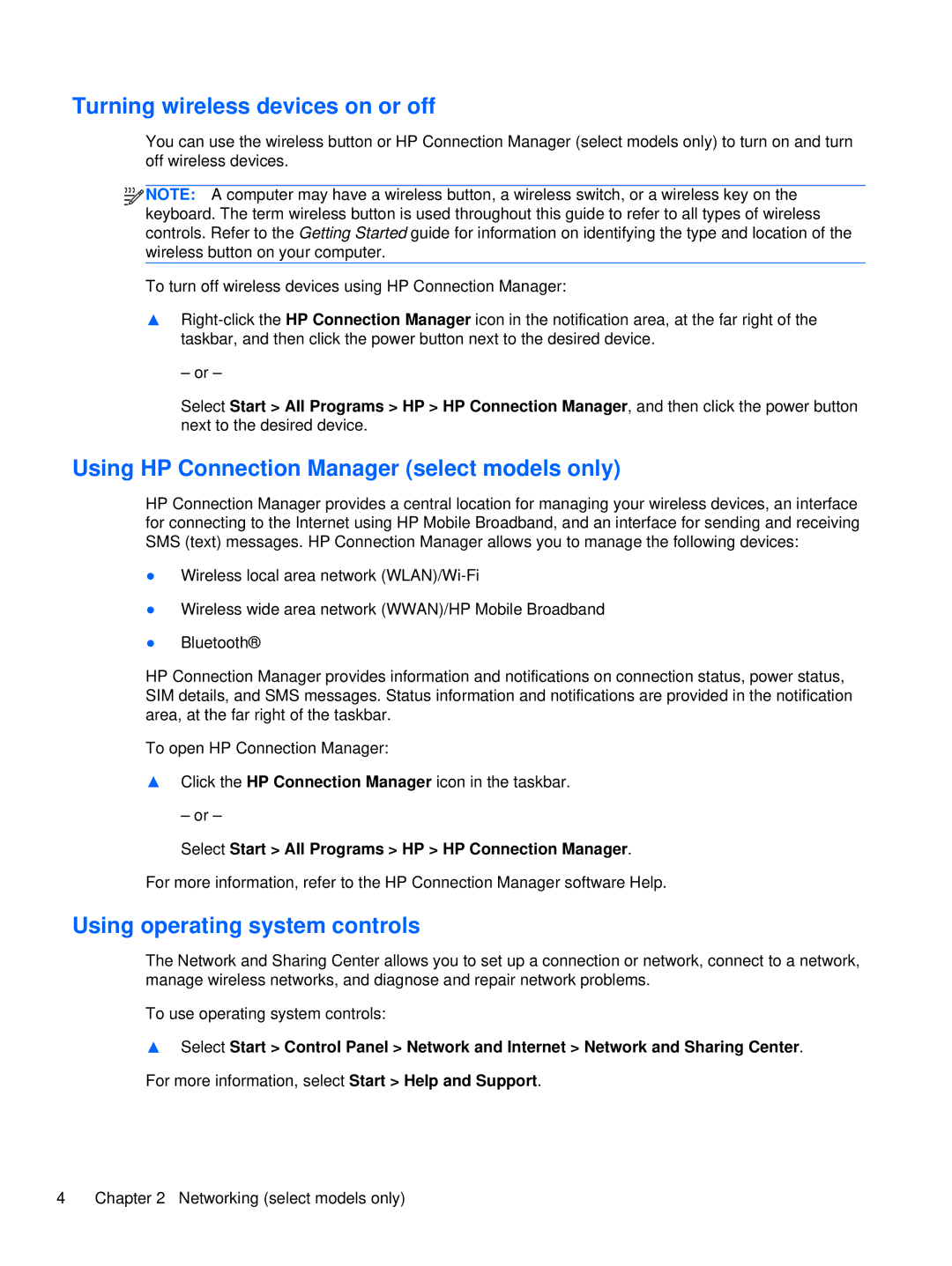 HP XU103UT manual Turning wireless devices on or off, Using HP Connection Manager select models only 