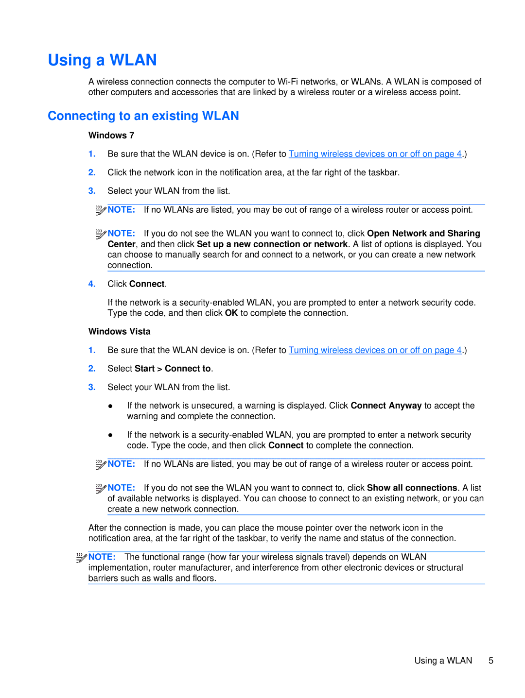 HP XU103UT manual Using a Wlan, Connecting to an existing Wlan, Select Start Connect to 