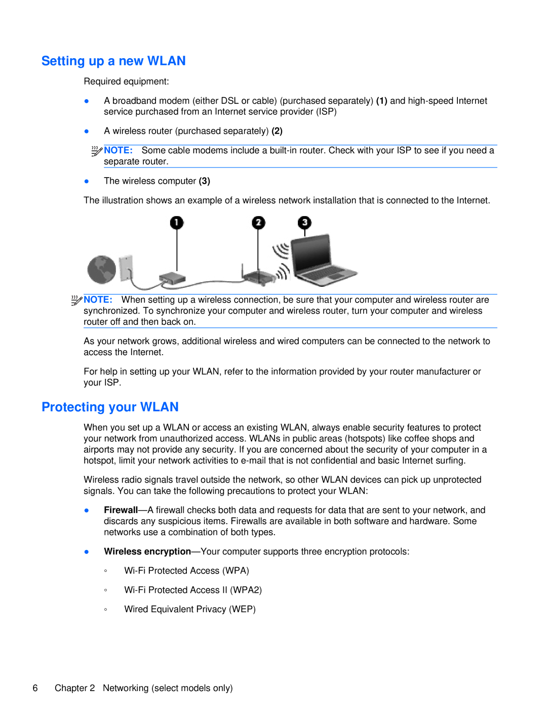 HP XU103UT manual Setting up a new Wlan, Protecting your Wlan 