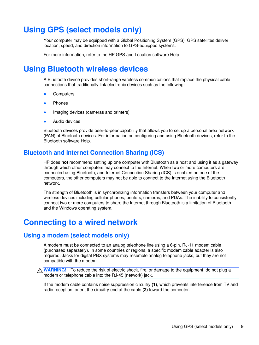 HP XU103UT manual Using GPS select models only, Using Bluetooth wireless devices, Connecting to a wired network 