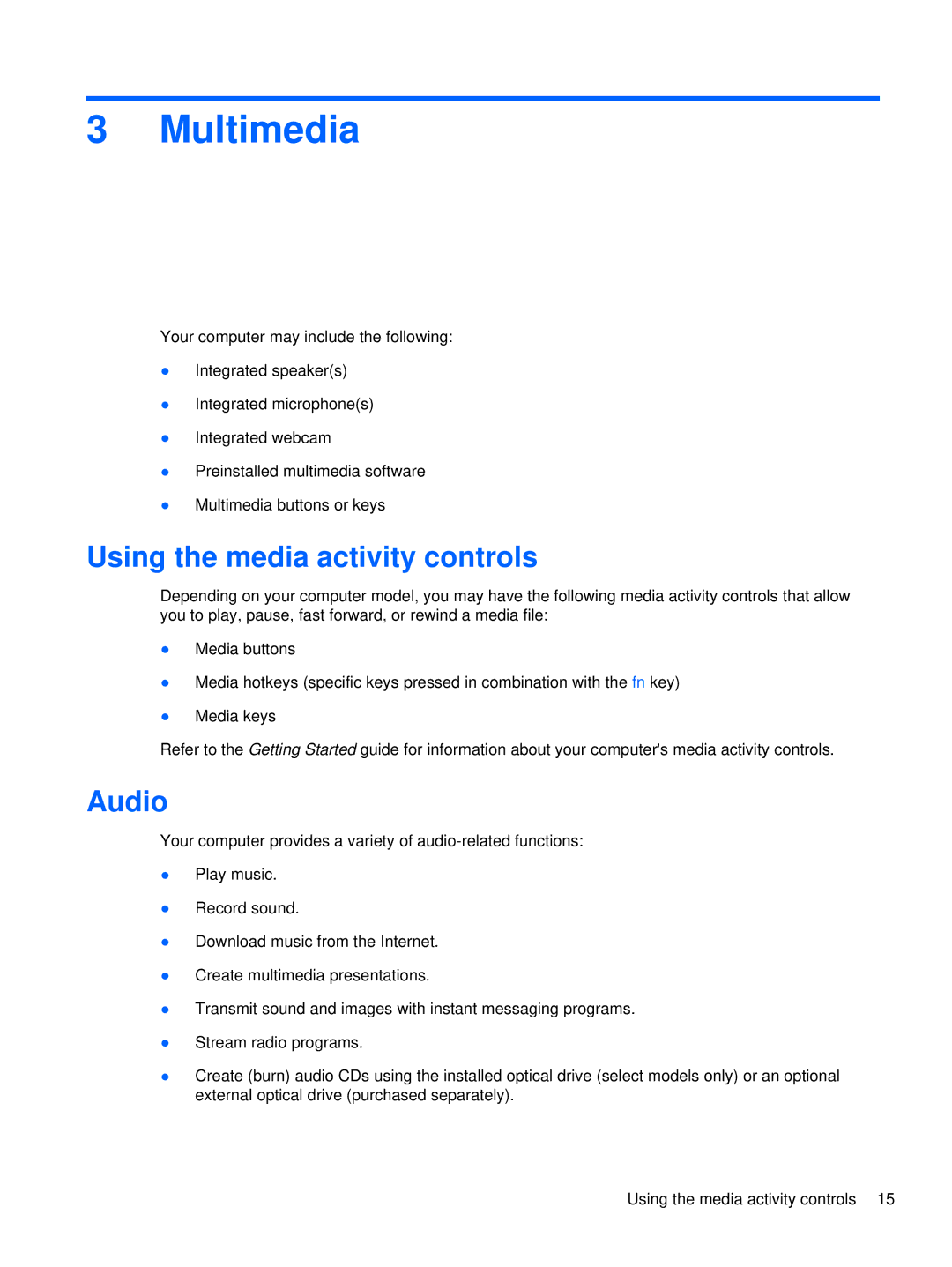 HP XU103UT manual Multimedia, Using the media activity controls, Audio 