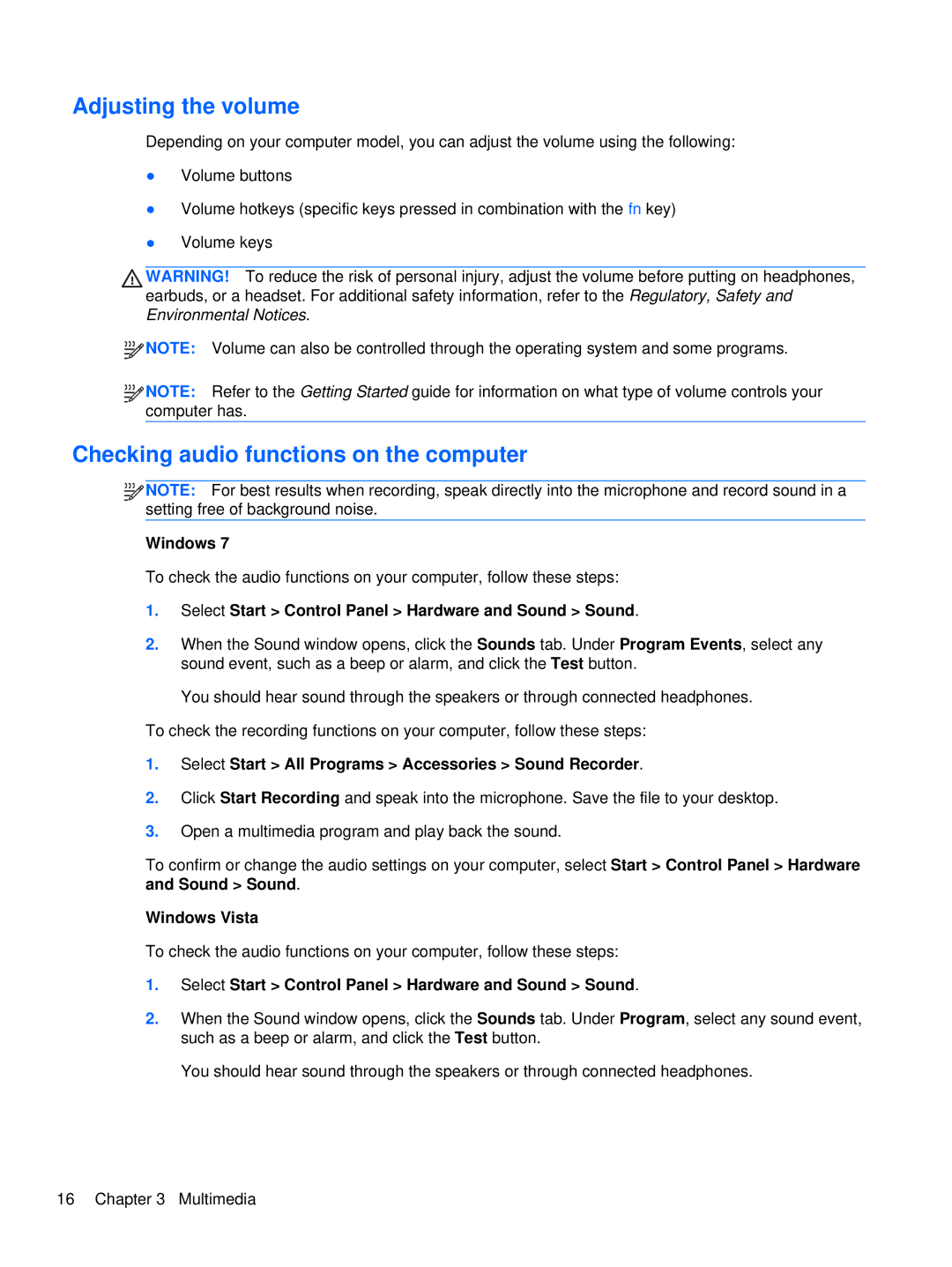 HP XU103UT manual Adjusting the volume, Checking audio functions on the computer 