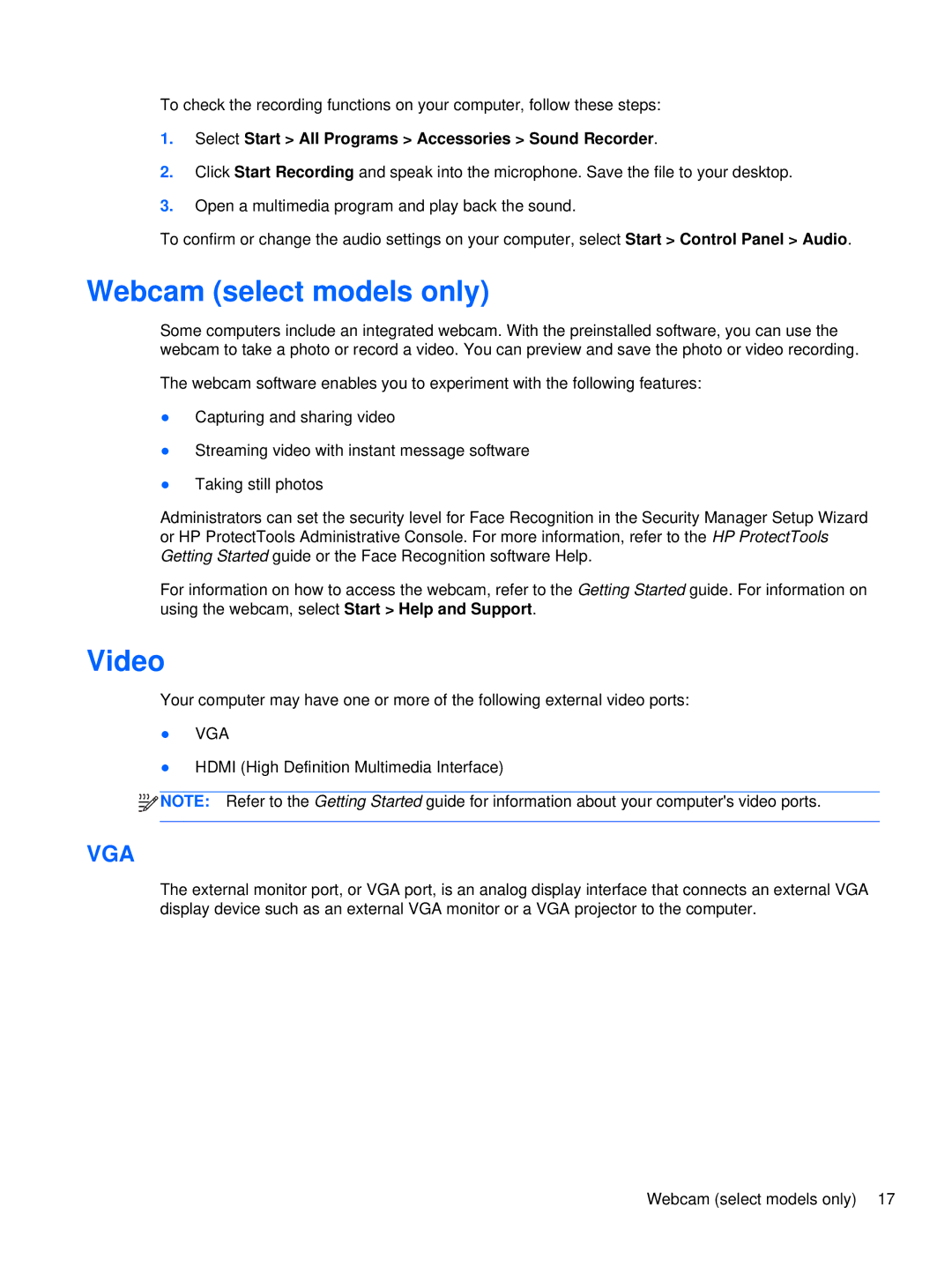 HP XU103UT manual Webcam select models only, Video 