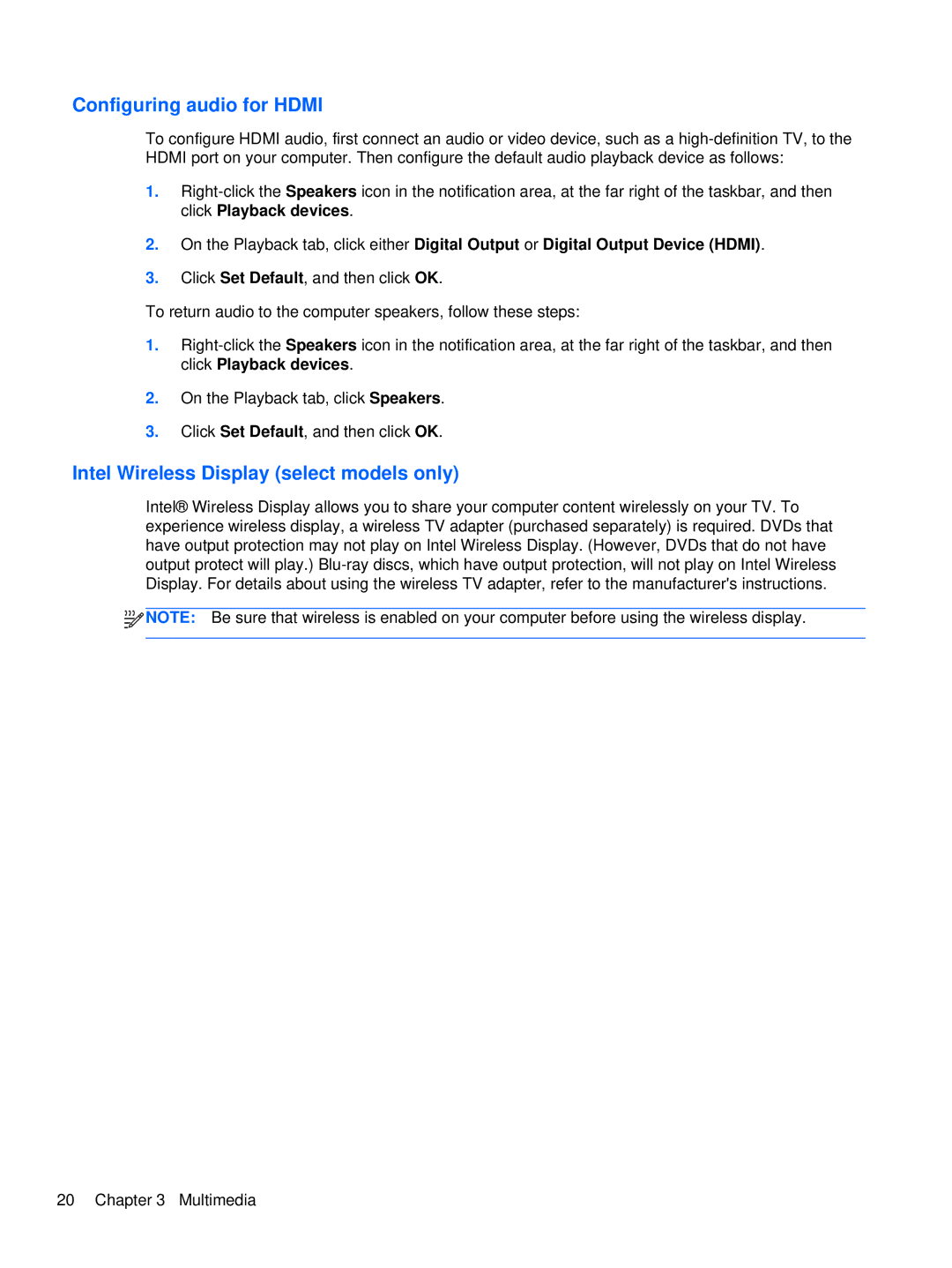 HP XU103UT manual Configuring audio for Hdmi, Intel Wireless Display select models only 