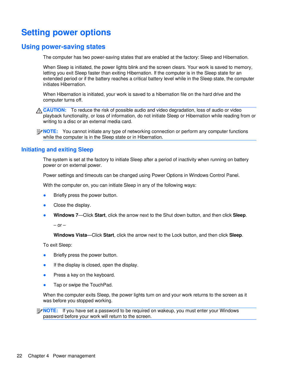 HP XU103UT manual Setting power options, Using power-saving states, Initiating and exiting Sleep 