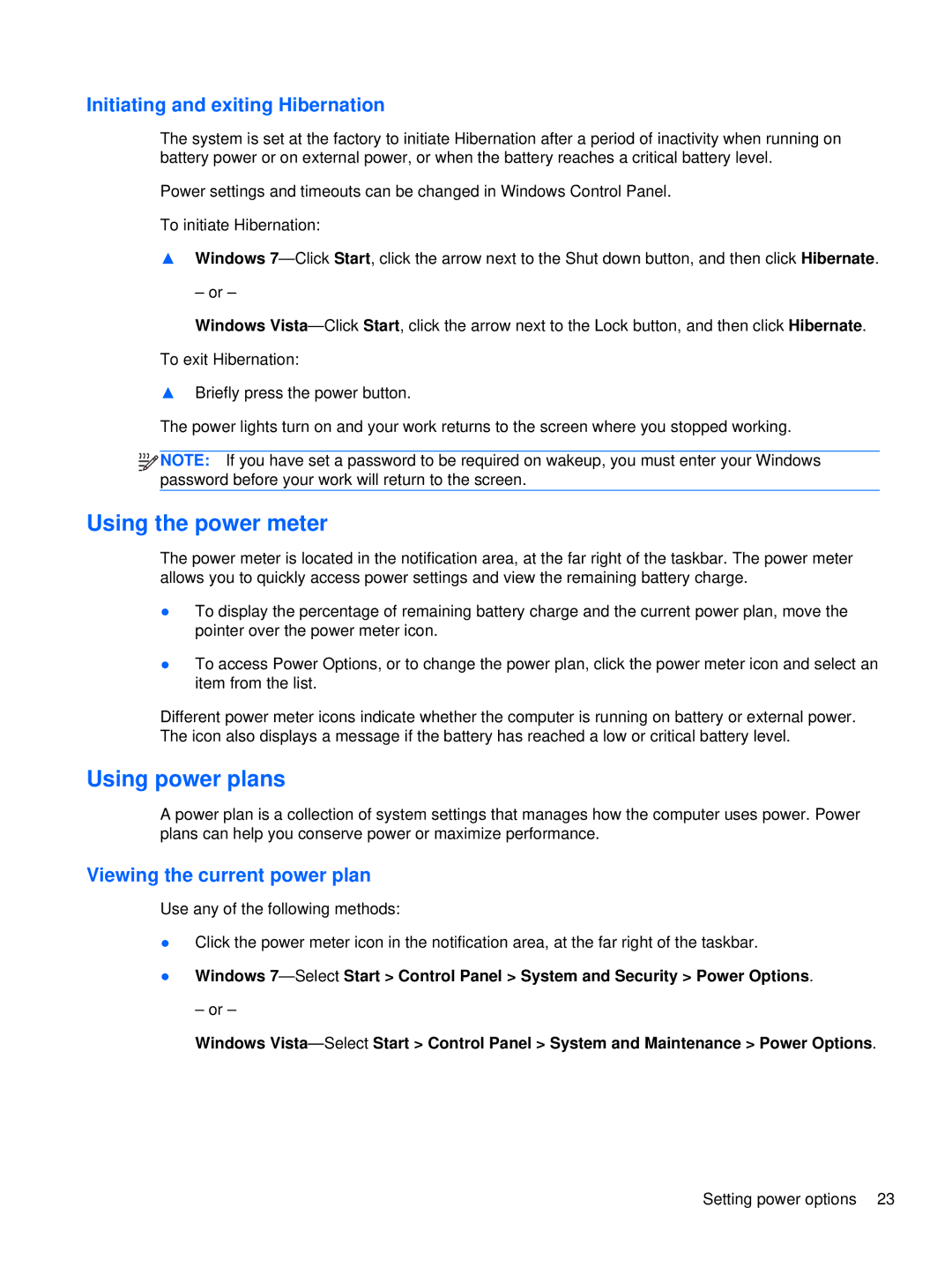HP XU103UT Using the power meter, Using power plans, Initiating and exiting Hibernation, Viewing the current power plan 