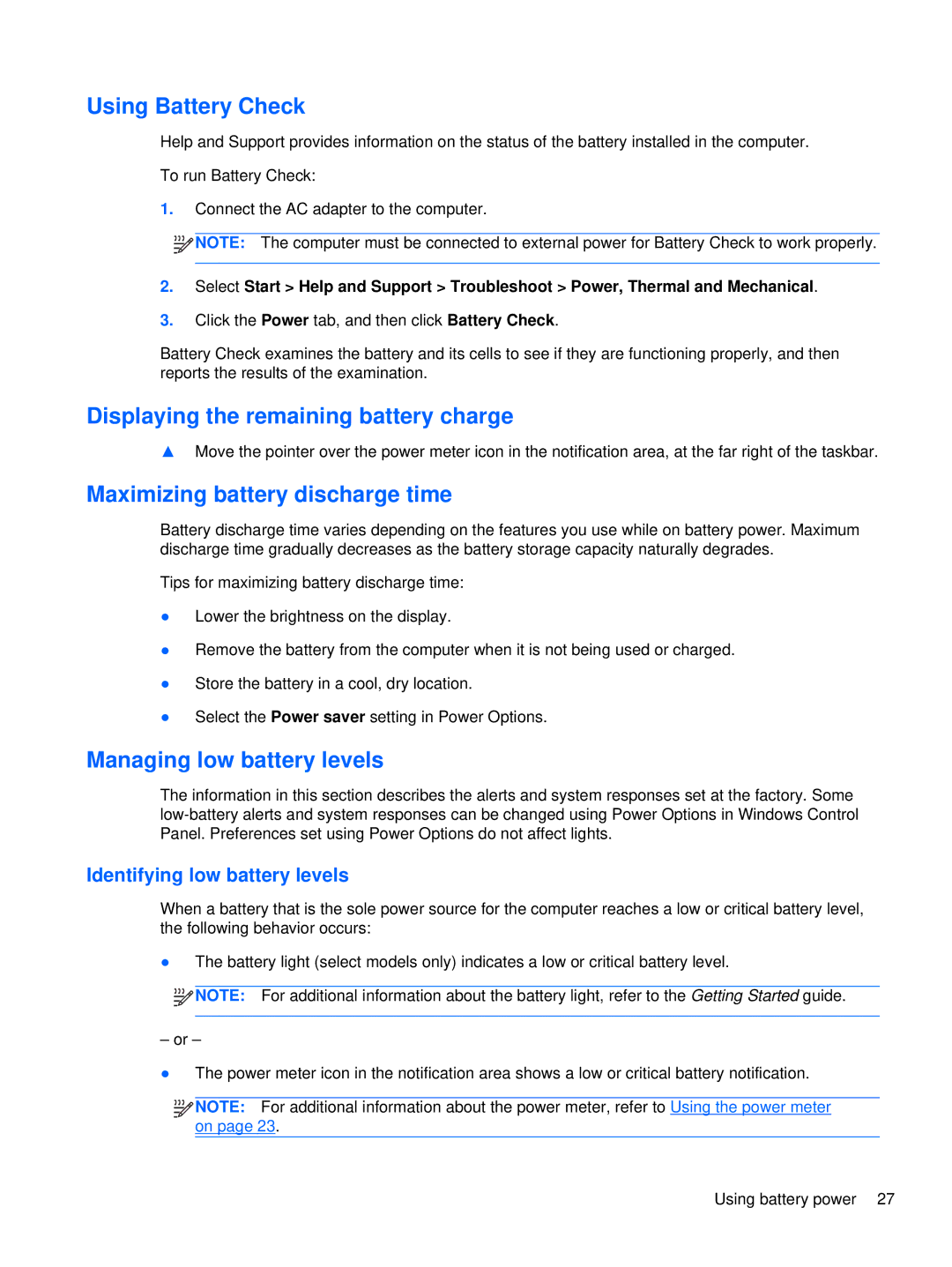 HP XU103UT manual Using Battery Check, Displaying the remaining battery charge, Maximizing battery discharge time 