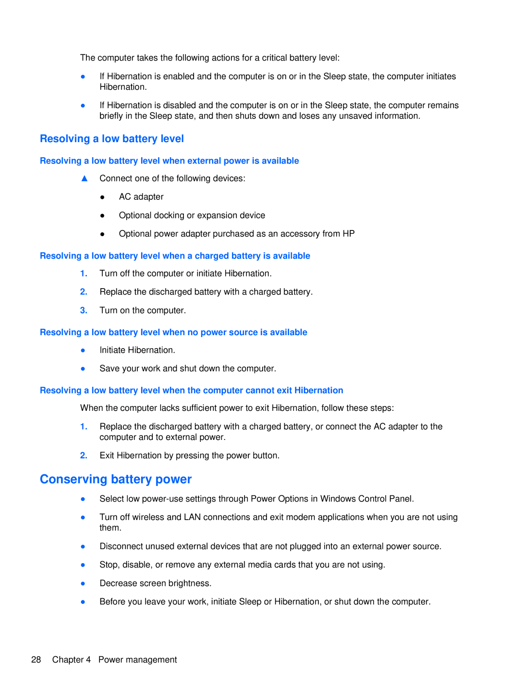 HP XU103UT manual Conserving battery power, Resolving a low battery level 