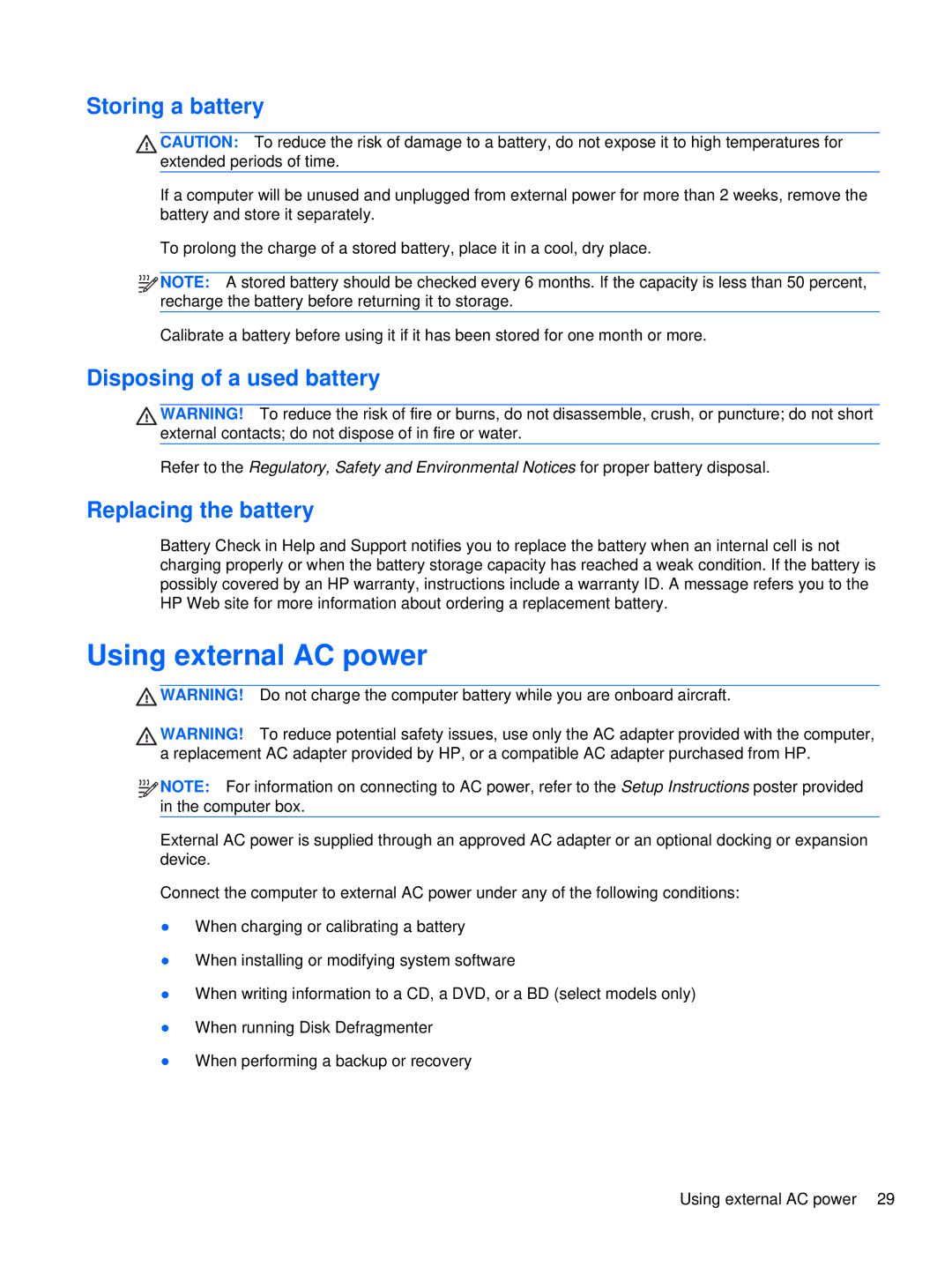 HP XU103UT manual Using external AC power, Storing a battery, Disposing of a used battery, Replacing the battery 