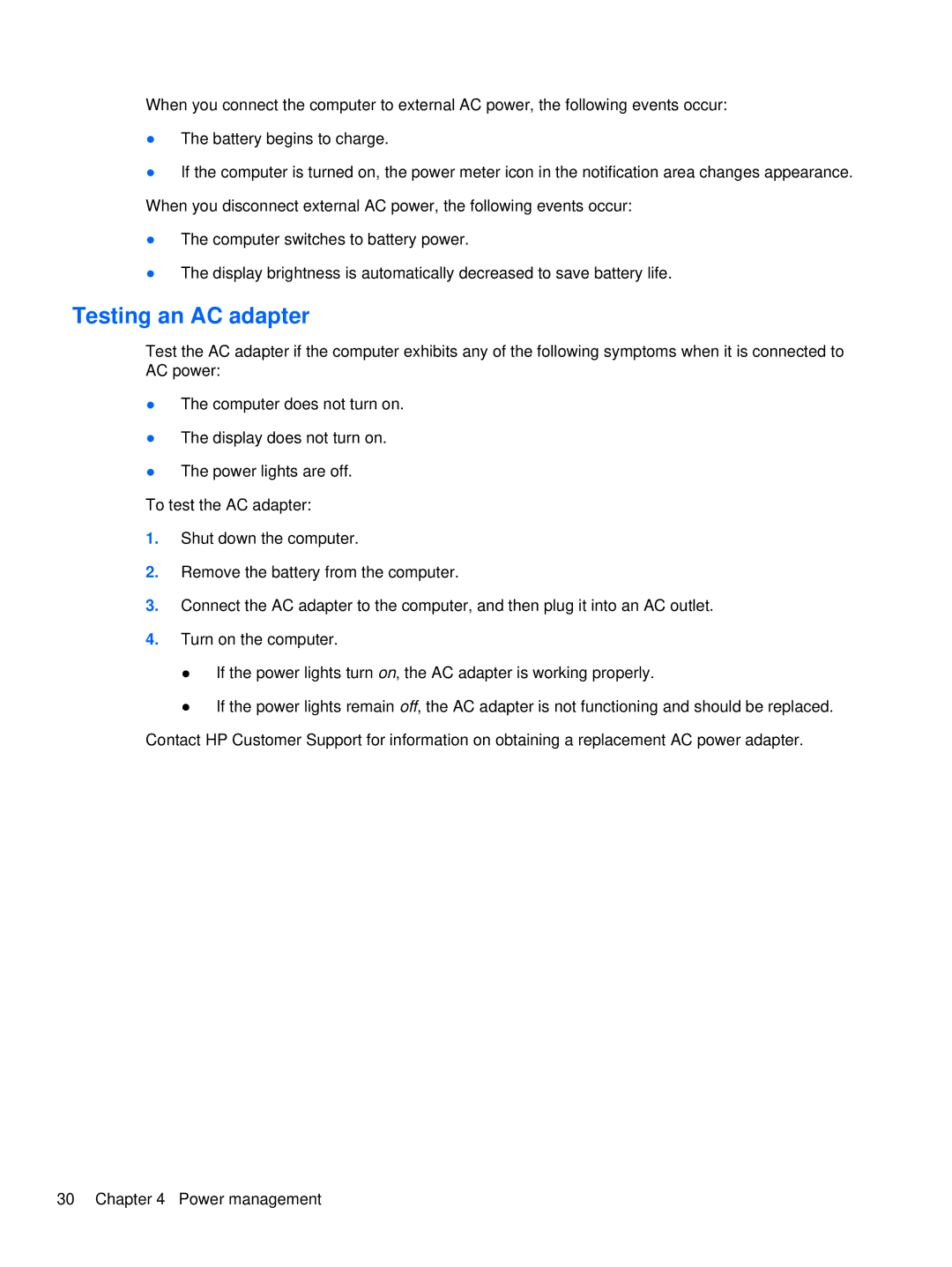 HP XU103UT manual Testing an AC adapter 