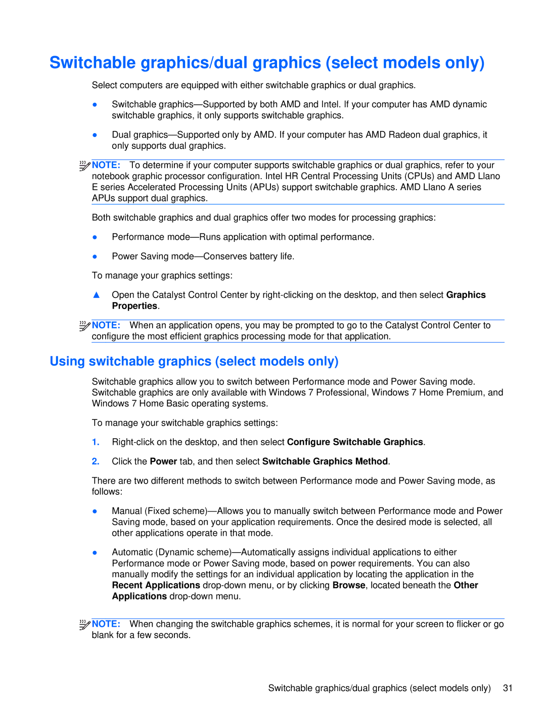 HP XU103UT manual Switchable graphics/dual graphics select models only, Using switchable graphics select models only 