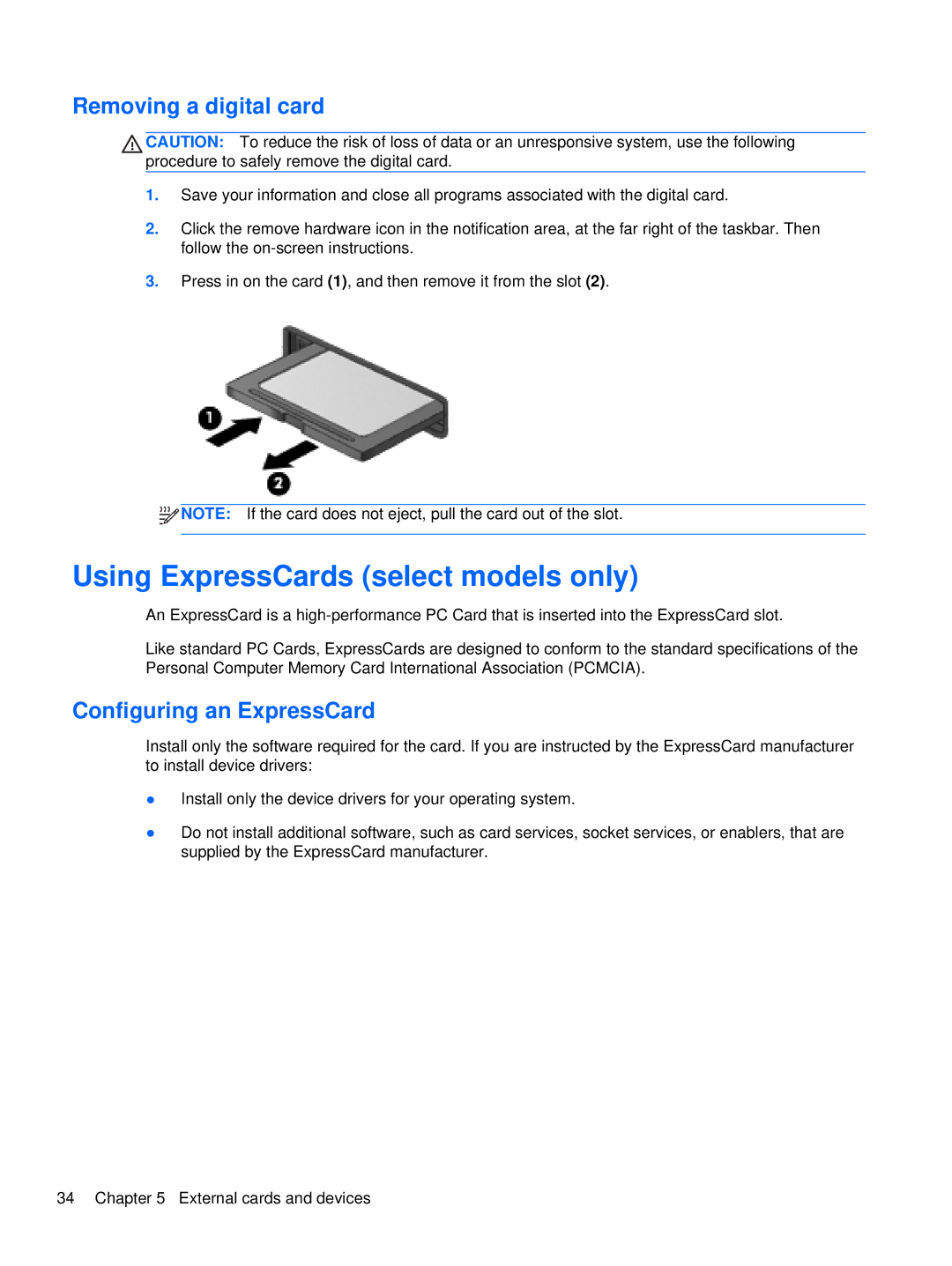 HP XU103UT manual Using ExpressCards select models only, Removing a digital card, Configuring an ExpressCard 