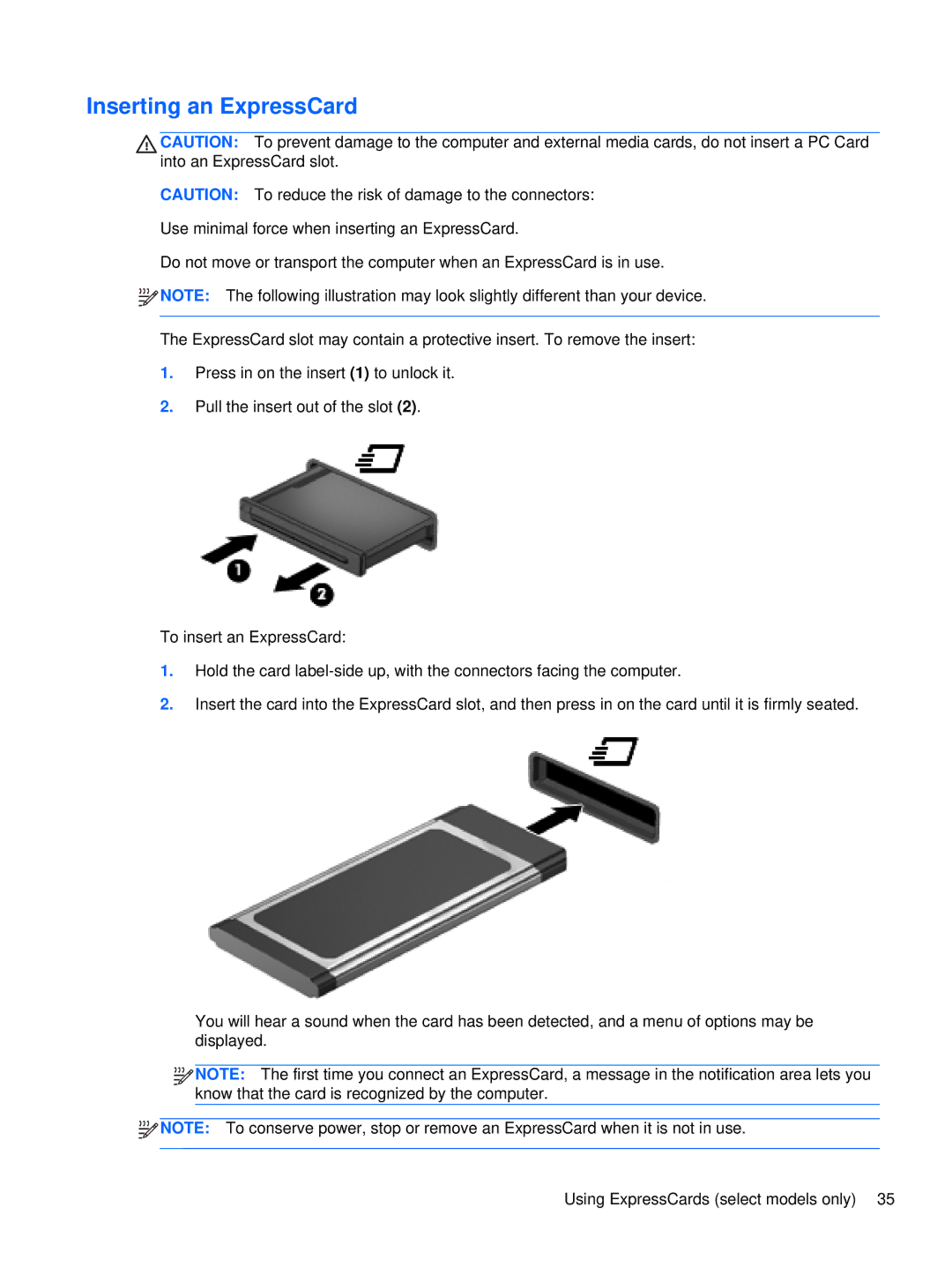 HP XU103UT manual Inserting an ExpressCard 