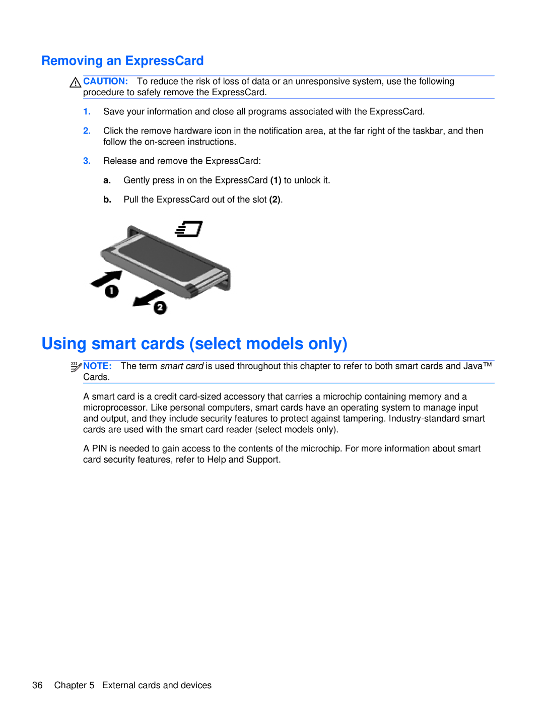 HP XU103UT manual Using smart cards select models only, Removing an ExpressCard 