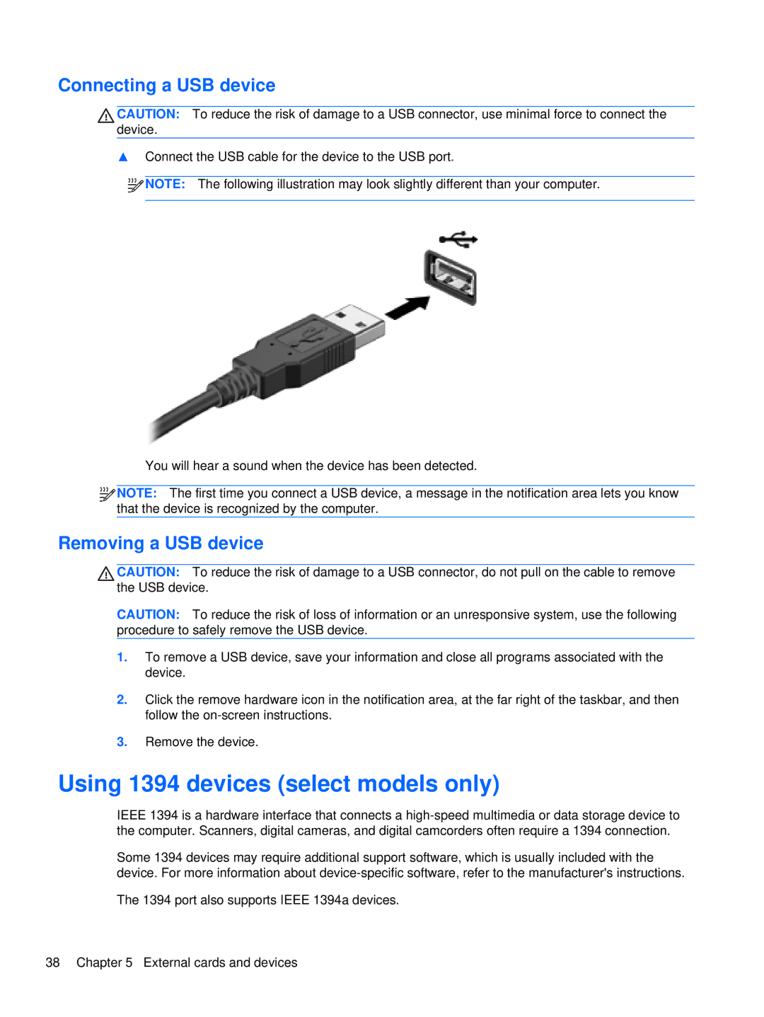 HP XU103UT manual Using 1394 devices select models only, Connecting a USB device, Removing a USB device 