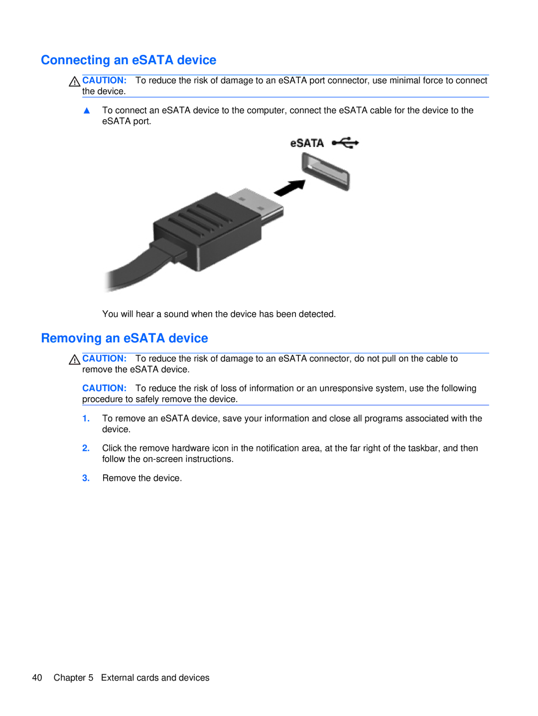 HP XU103UT manual Connecting an eSATA device, Removing an eSATA device 