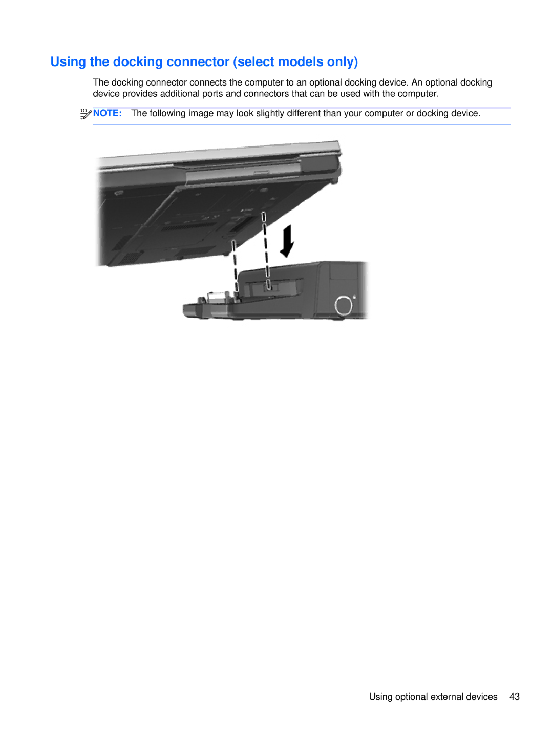 HP XU103UT manual Using the docking connector select models only 