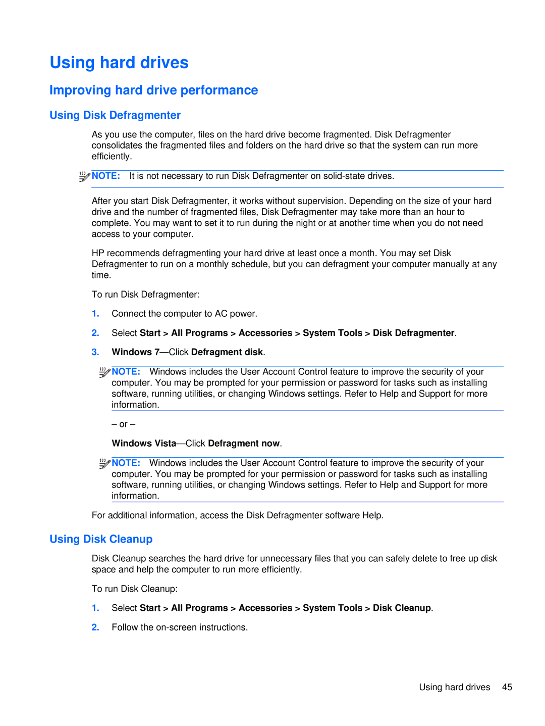 HP XU103UT manual Using hard drives, Improving hard drive performance, Using Disk Defragmenter, Using Disk Cleanup 