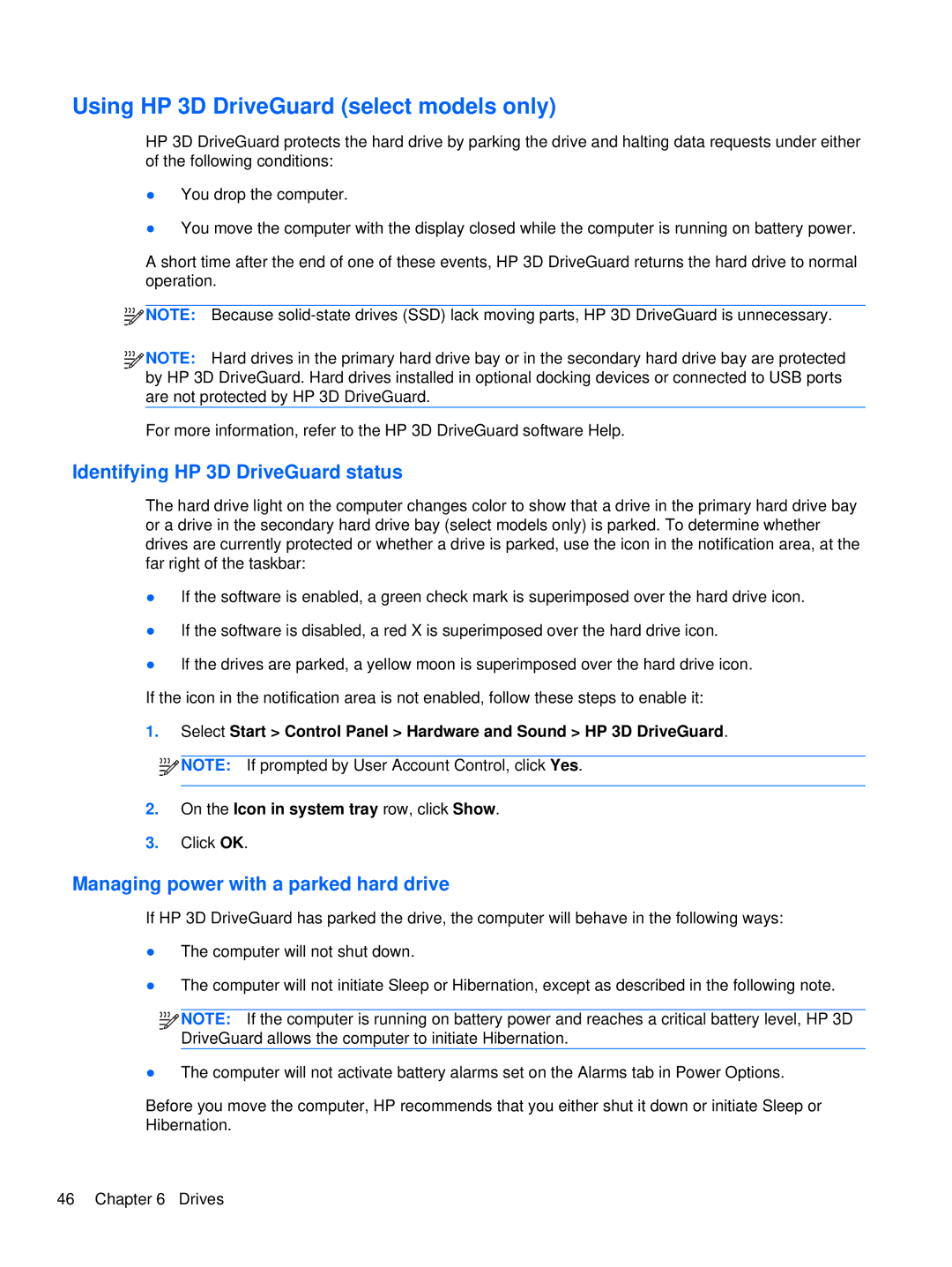 HP XU103UT manual Using HP 3D DriveGuard select models only, Identifying HP 3D DriveGuard status 