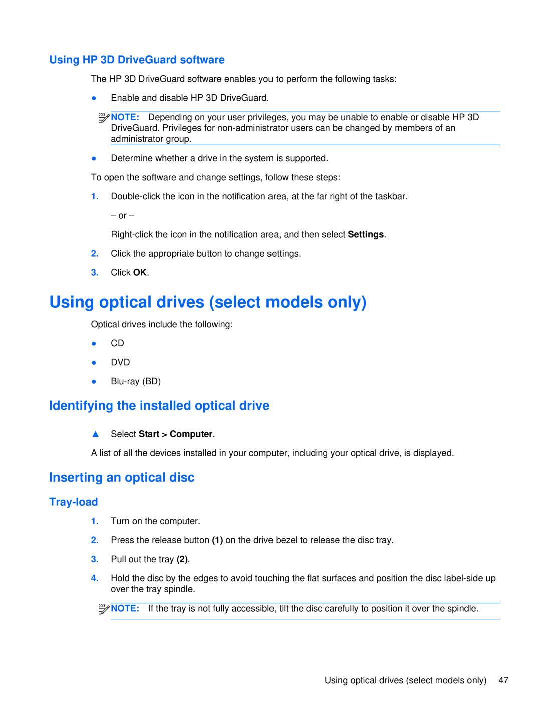 HP XU103UT Using optical drives select models only, Identifying the installed optical drive, Inserting an optical disc 