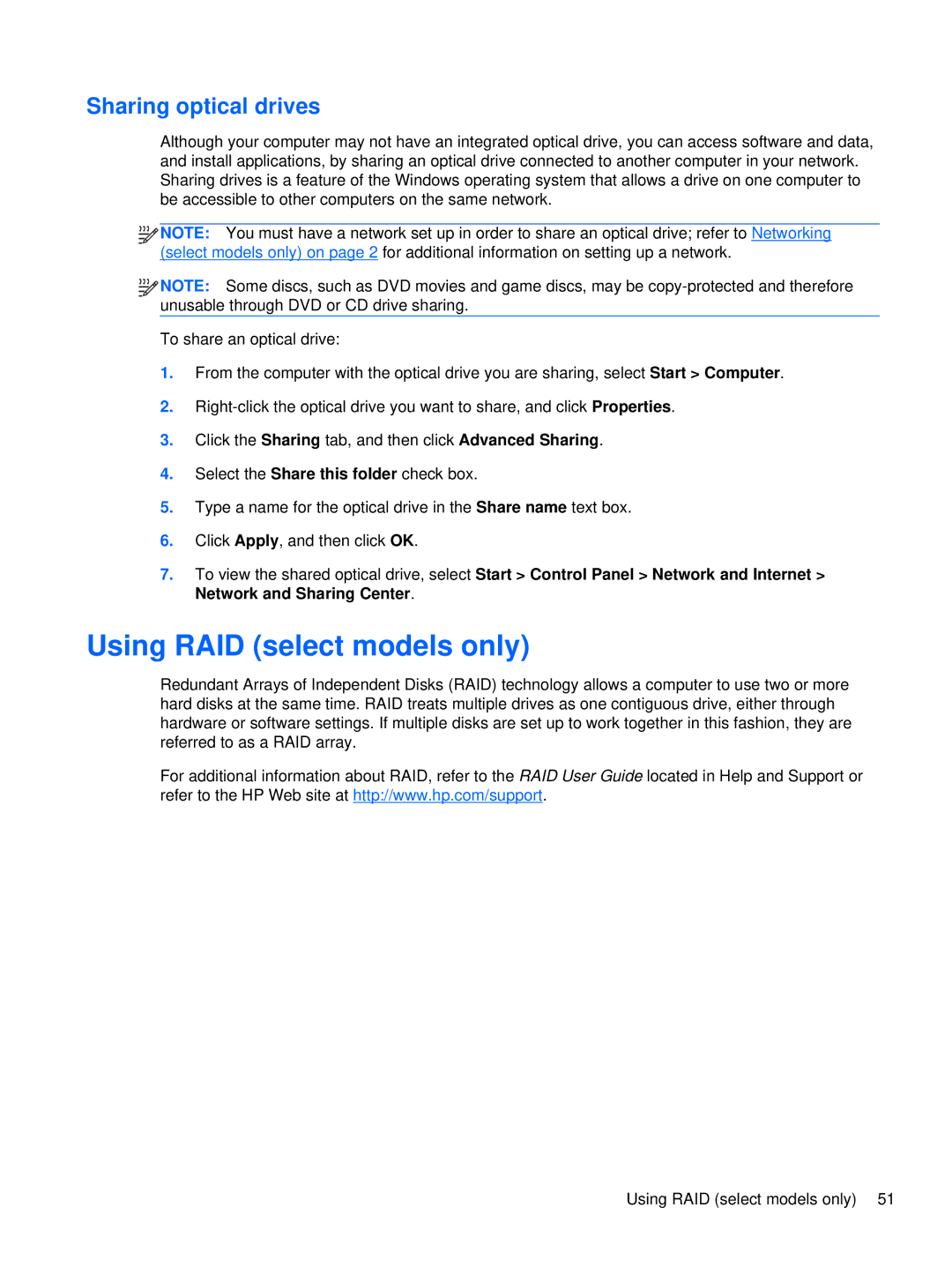 HP XU103UT manual Using RAID select models only, Sharing optical drives 