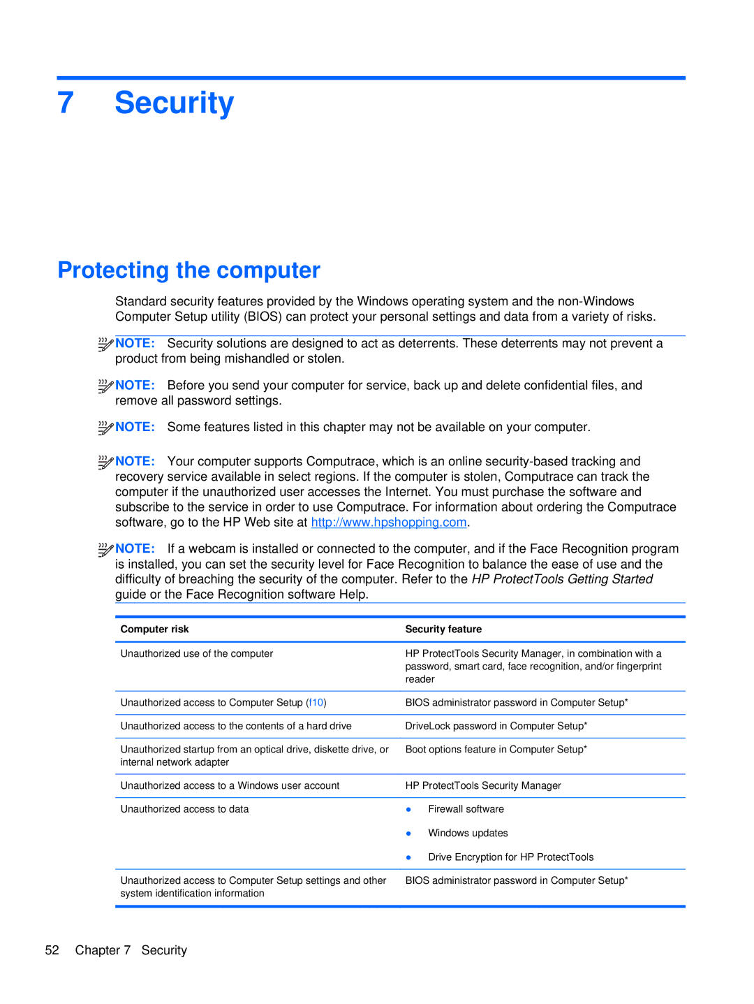 HP XU103UT manual Security, Protecting the computer 