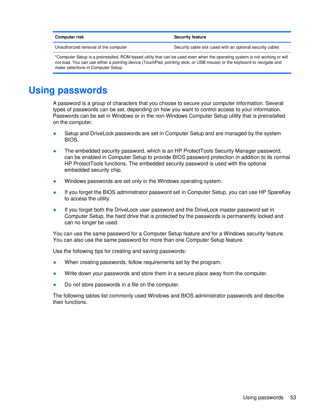 HP XU103UT manual Using passwords 