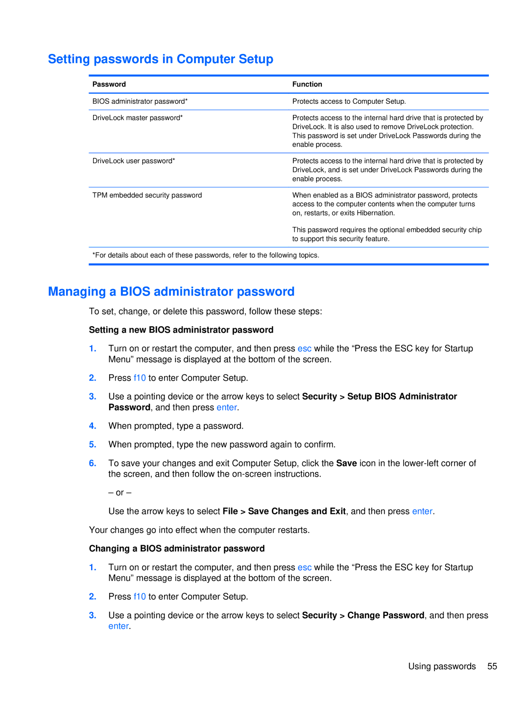 HP XU103UT manual Setting passwords in Computer Setup, Managing a Bios administrator password 