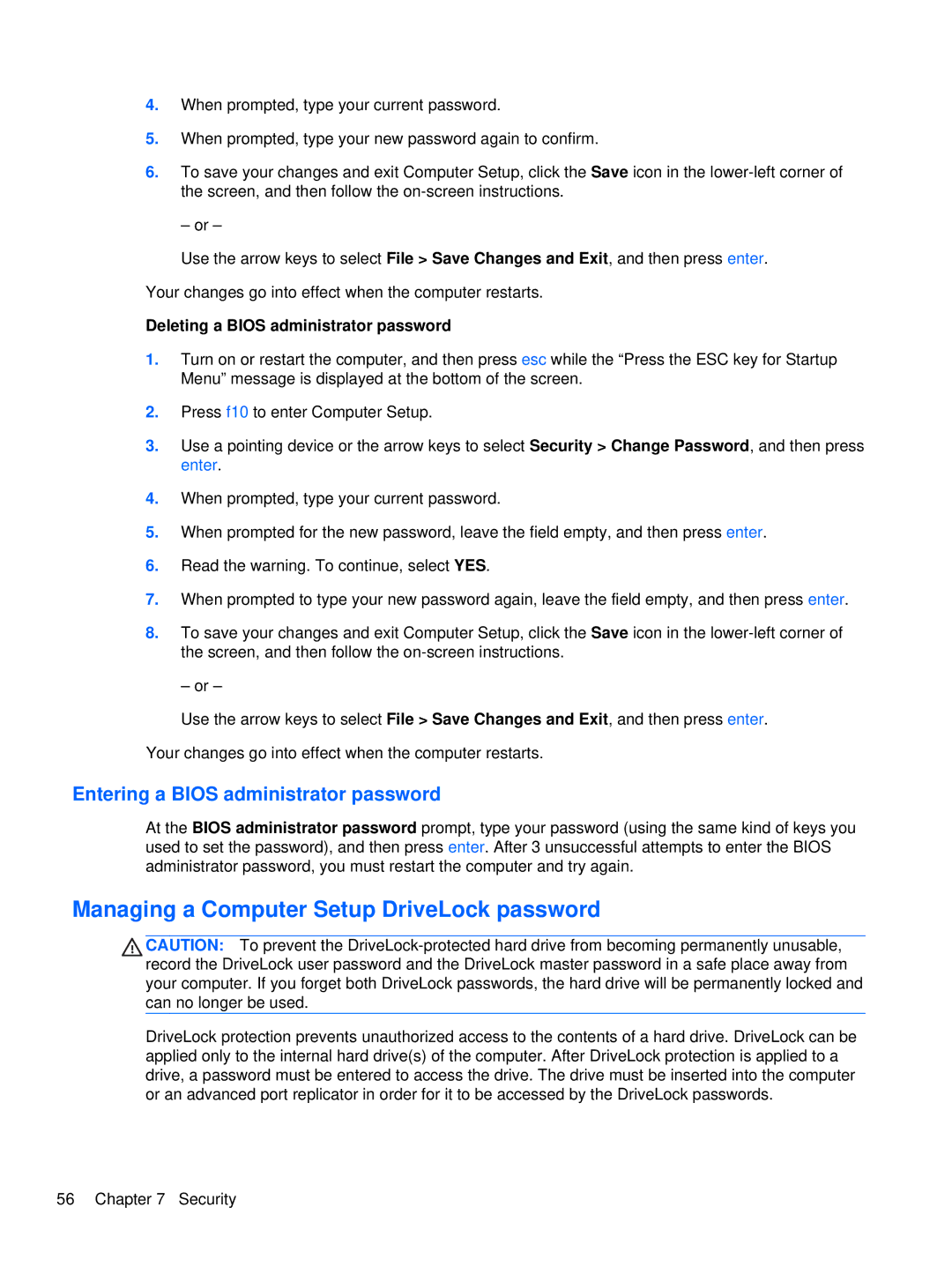 HP XU103UT manual Managing a Computer Setup DriveLock password, Entering a Bios administrator password 