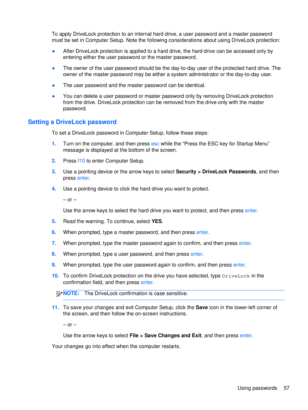 HP XU103UT manual Setting a DriveLock password 