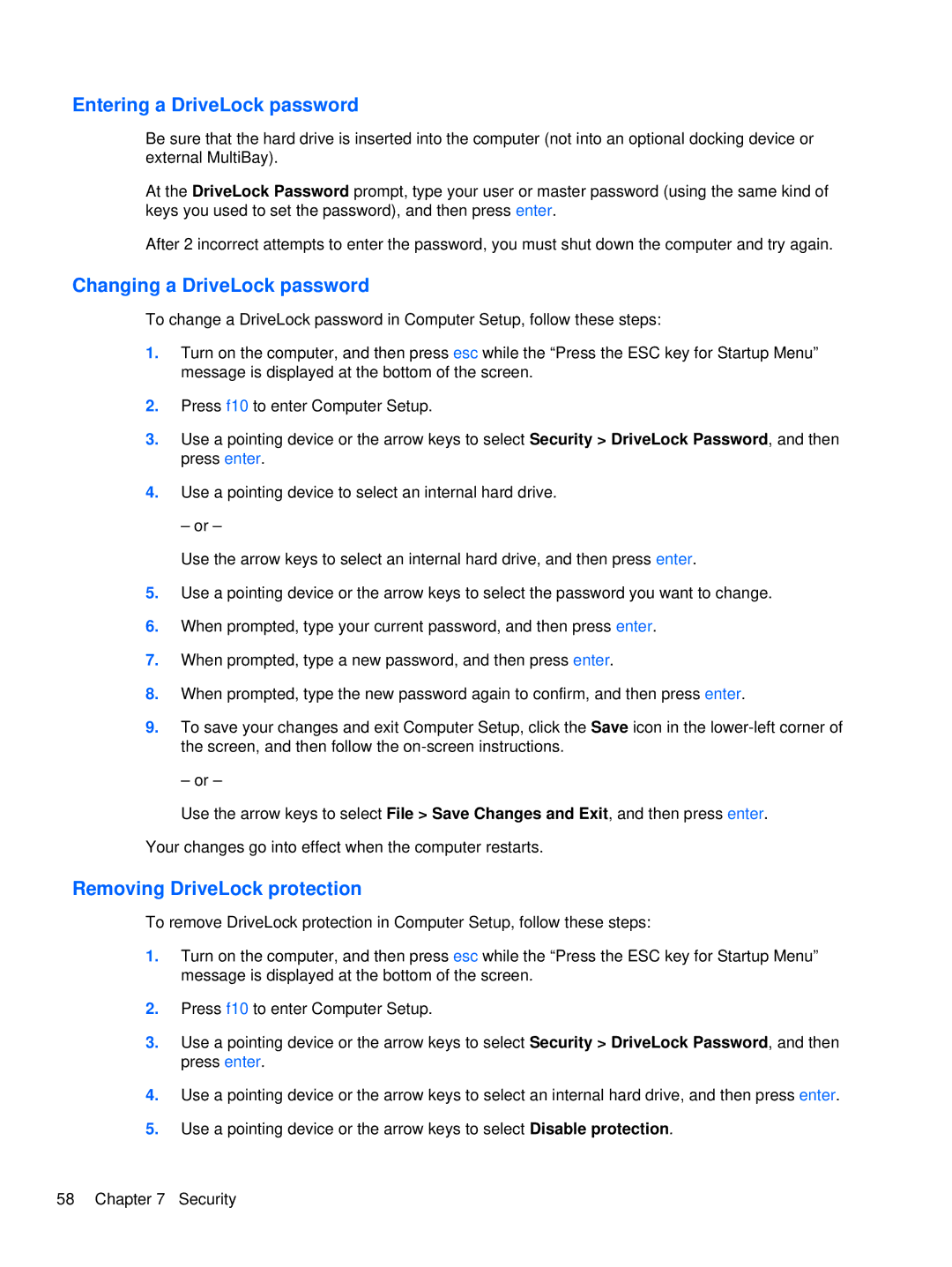 HP XU103UT manual Entering a DriveLock password, Changing a DriveLock password, Removing DriveLock protection 