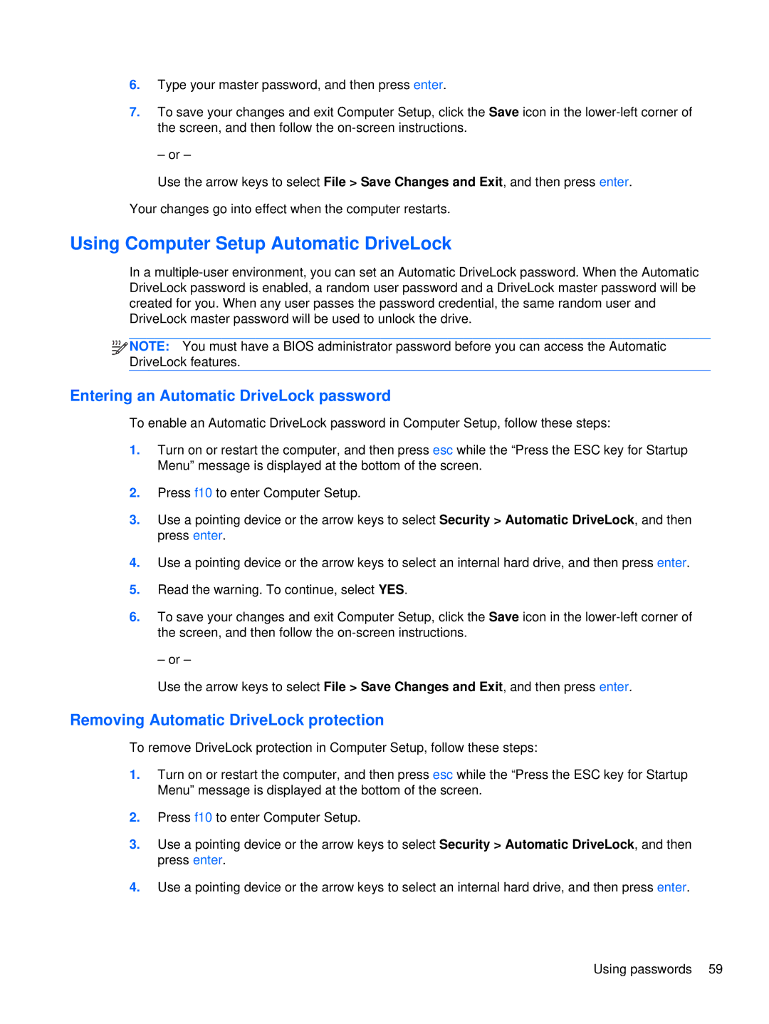 HP XU103UT manual Using Computer Setup Automatic DriveLock, Entering an Automatic DriveLock password 