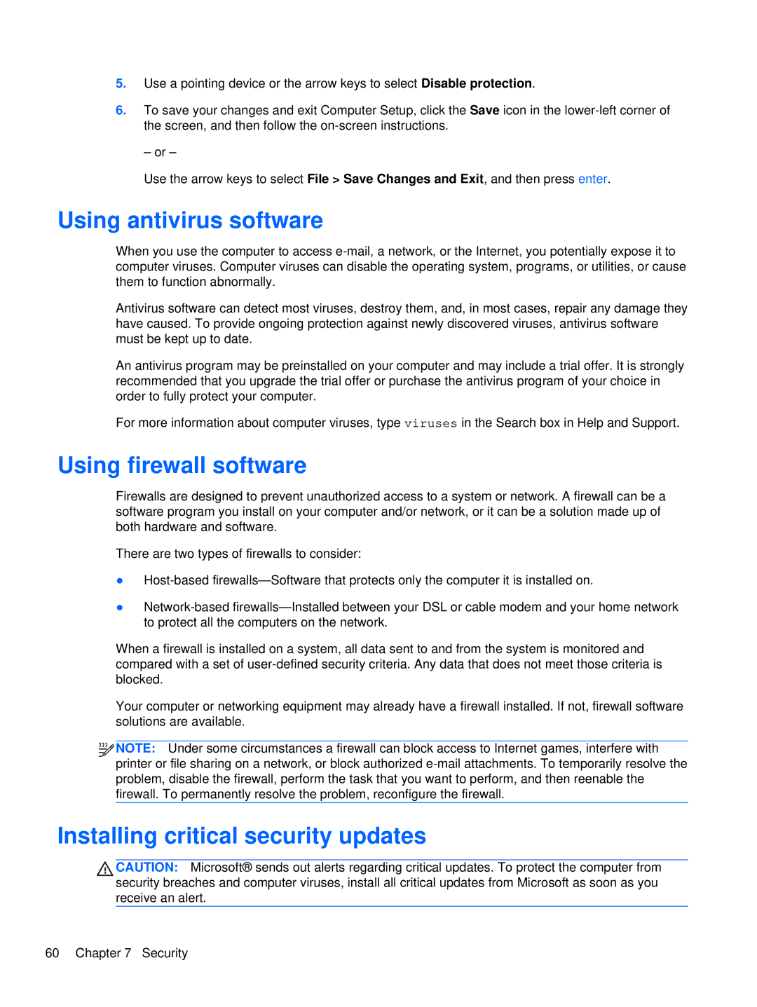 HP XU103UT manual Using antivirus software, Using firewall software, Installing critical security updates 