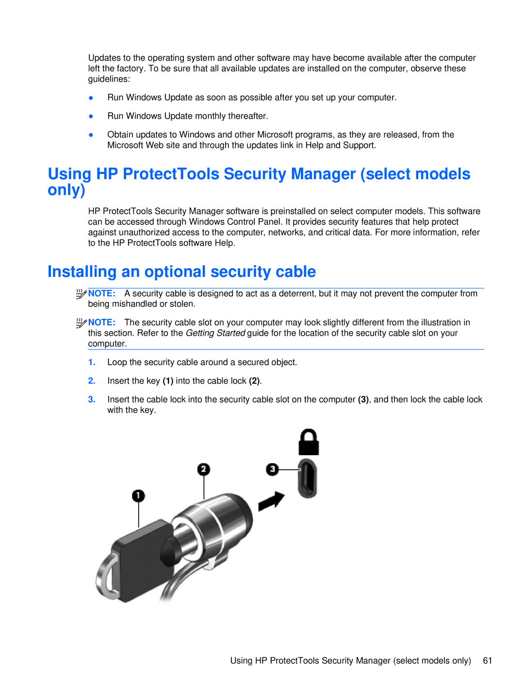 HP XU103UT manual Using HP ProtectTools Security Manager select models only, Installing an optional security cable 