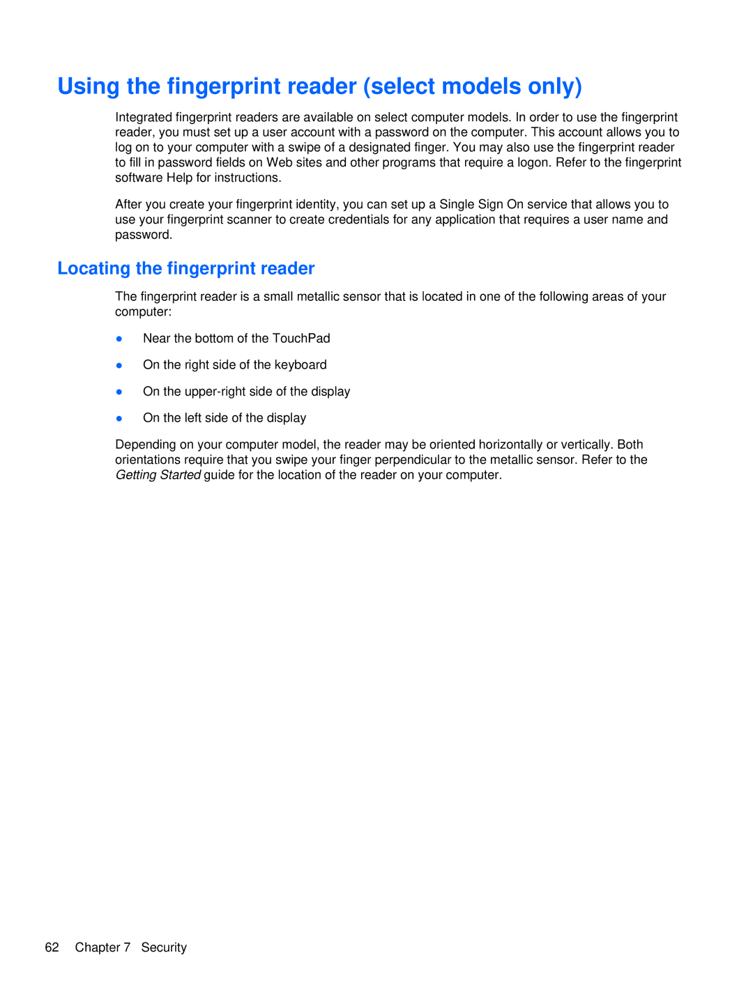 HP XU103UT manual Using the fingerprint reader select models only, Locating the fingerprint reader 