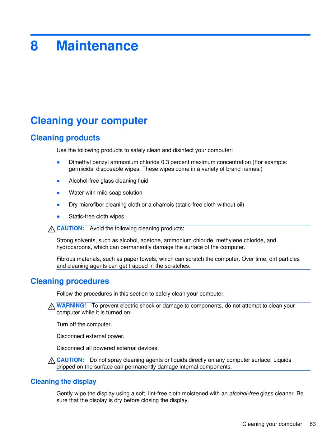 HP XU103UT manual Maintenance, Cleaning your computer, Cleaning products, Cleaning procedures, Cleaning the display 