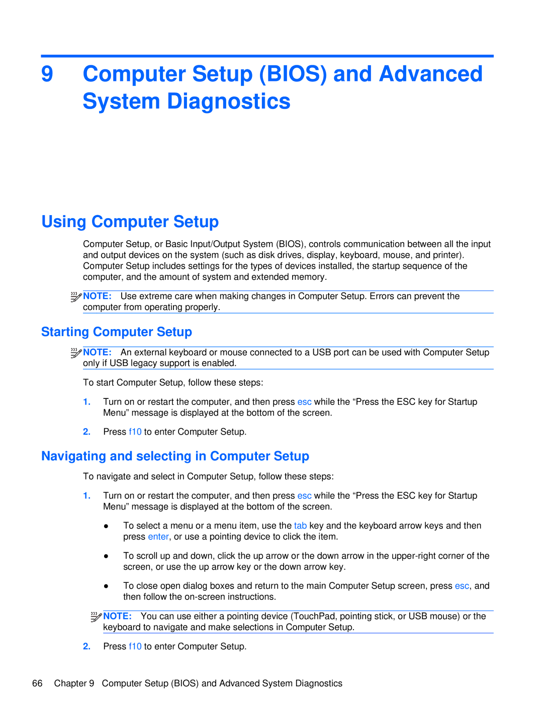 HP XU103UT manual Computer Setup Bios and Advanced System Diagnostics, Using Computer Setup, Starting Computer Setup 