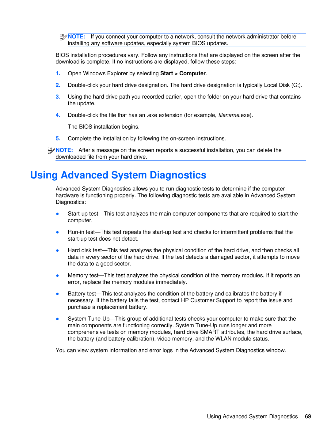 HP XU103UT manual Using Advanced System Diagnostics 